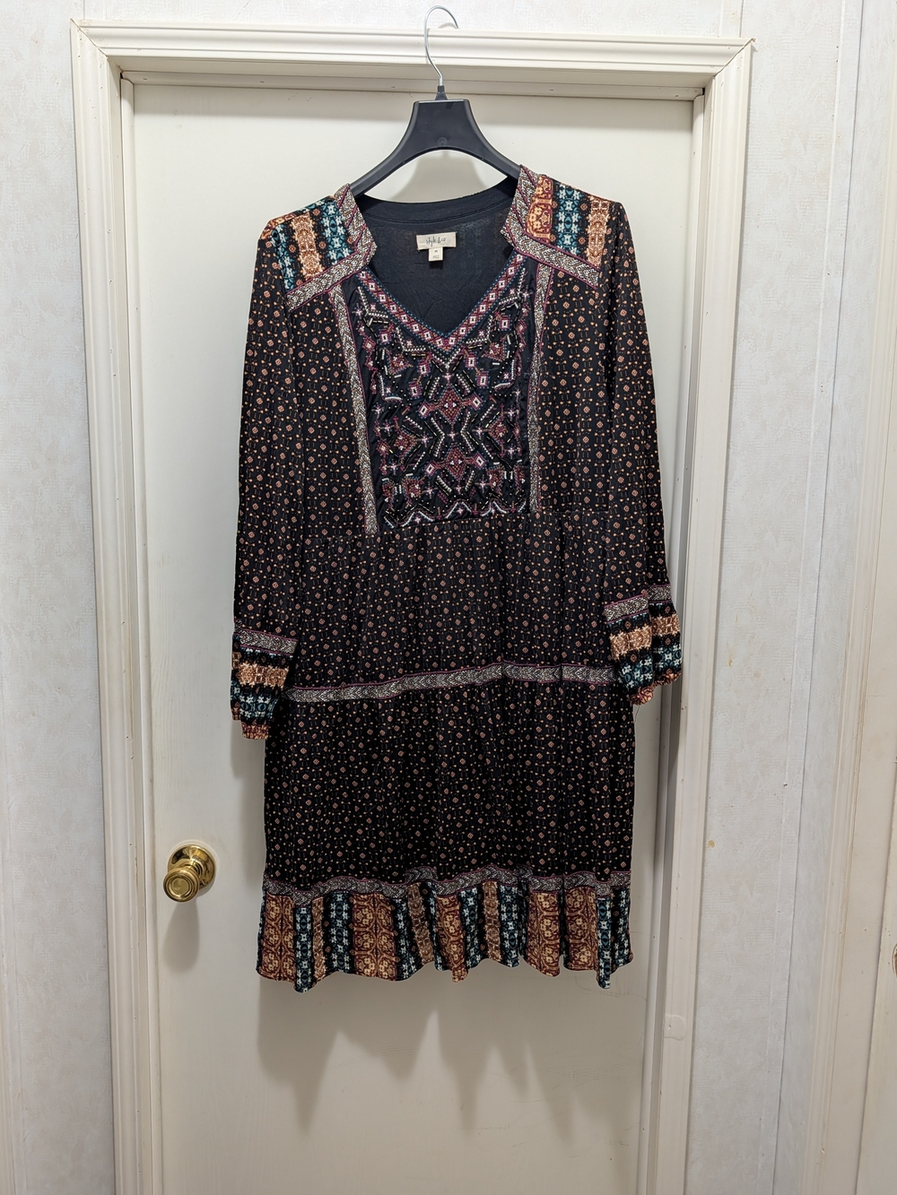 Style & Co. Black Boho Printed Long Sleeve Dress